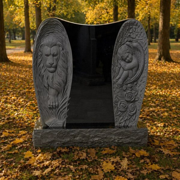 Angel & Lion Winged Upright Granite Headstone