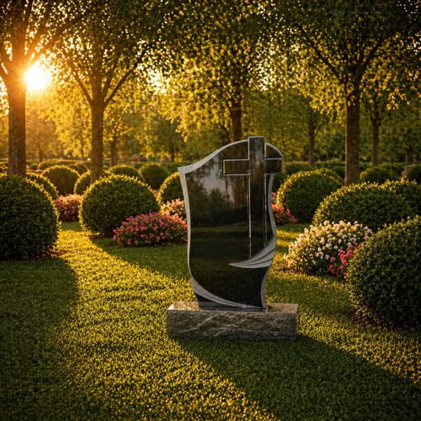 Black Granite Headstone with Sculpted Cross and Wave Accents  18 x 3 x 28