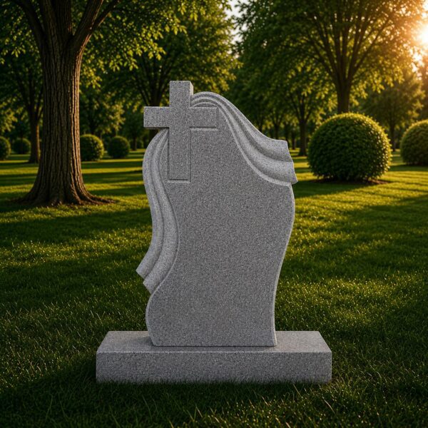 Carved Cross and Shroud Marble Headston  18 x 3 x 30