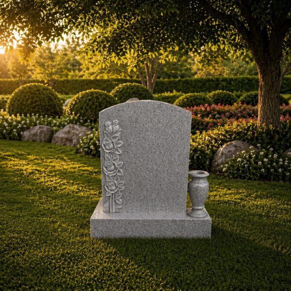 Rounded Top Upright Granite Headstone with Rose Carving