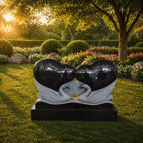 Double Heart Companion Granite Headstone with Swans