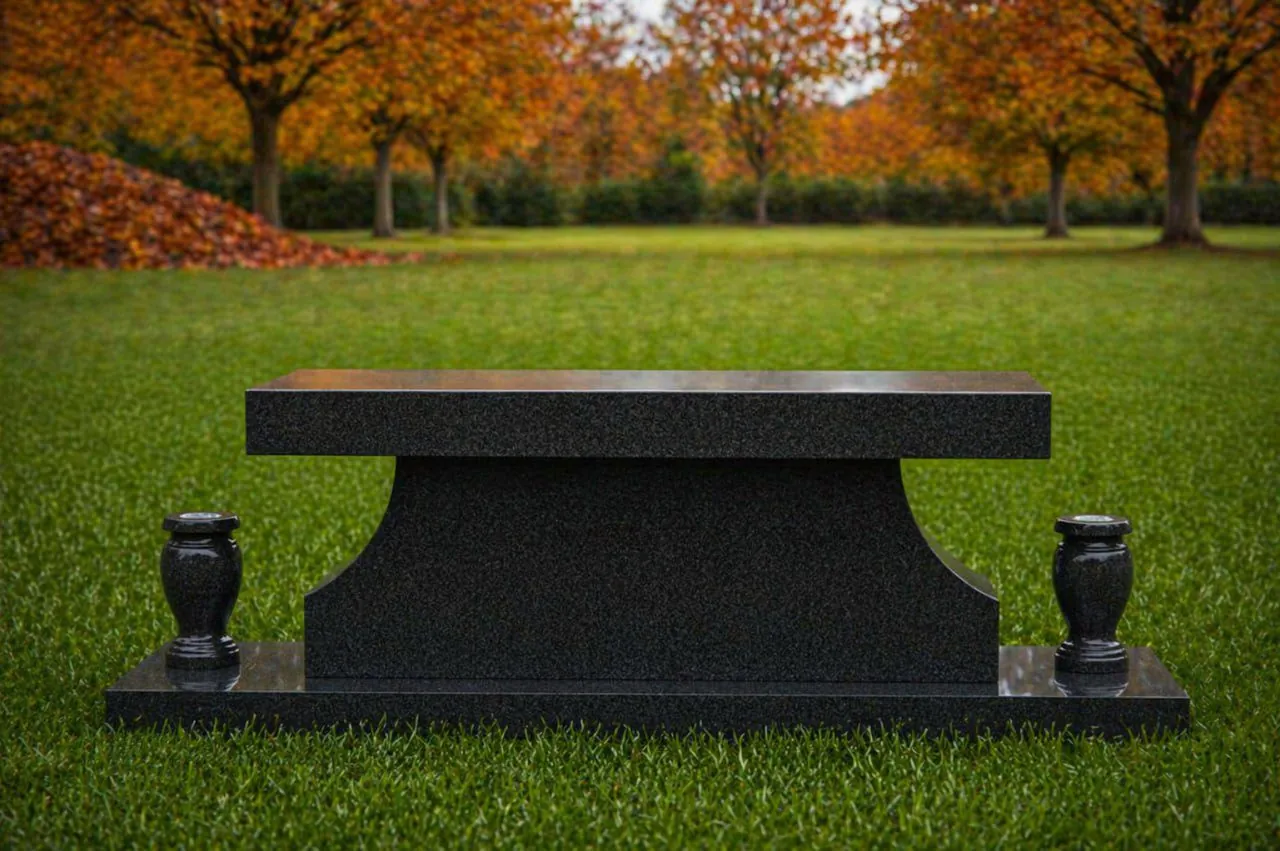 Granite Memorial Bench with Base & Vases